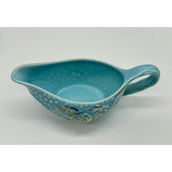 Wade Golden Turquoise Small Gravy Boat Sauce Pitcher w Under Plate Gold Teal A - Picture 5 of 10